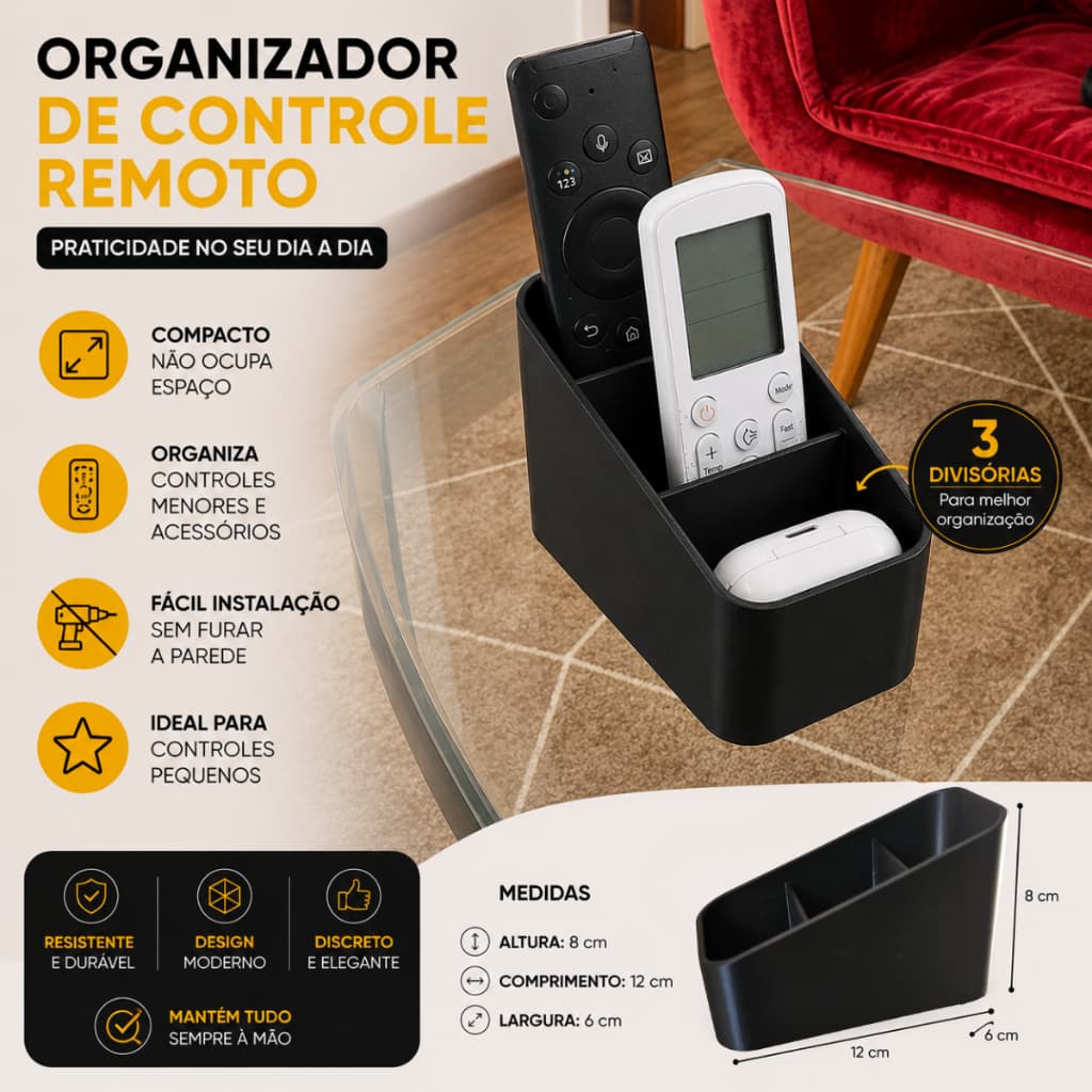 Organizador de Controle Remoto 3 Divisórias – Porta Controle Moderno e Compacto