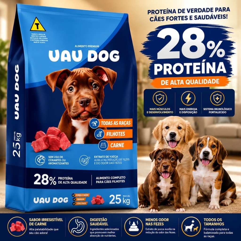 Ração Cachorro Filhote 25kg Uau Dog Premium Todas as Raças Carne