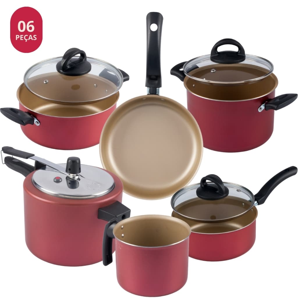 Jogo De Panelas 6 Peças Com Panela De Pressão 4,5L Cereja