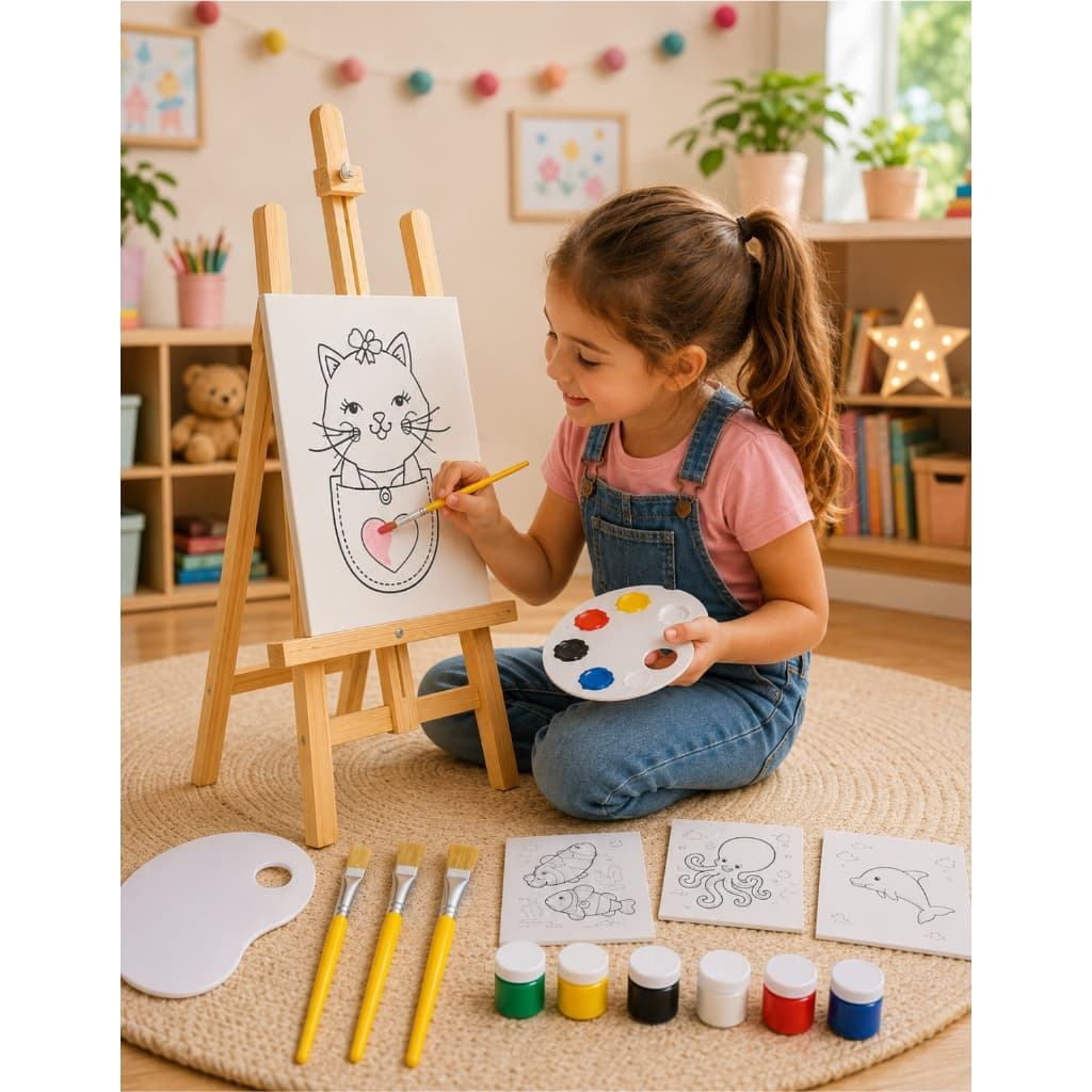 Kit Pintura Cavalete 4 Telas 3 Pincéis 6 Tintas 1 Godê