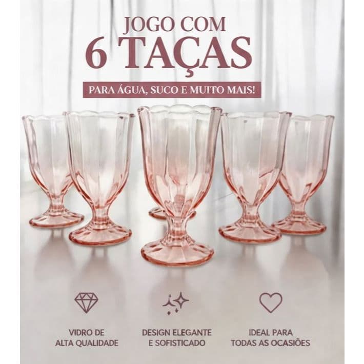 Jogo com 6 Taças de Vidro Rosa Luxo .