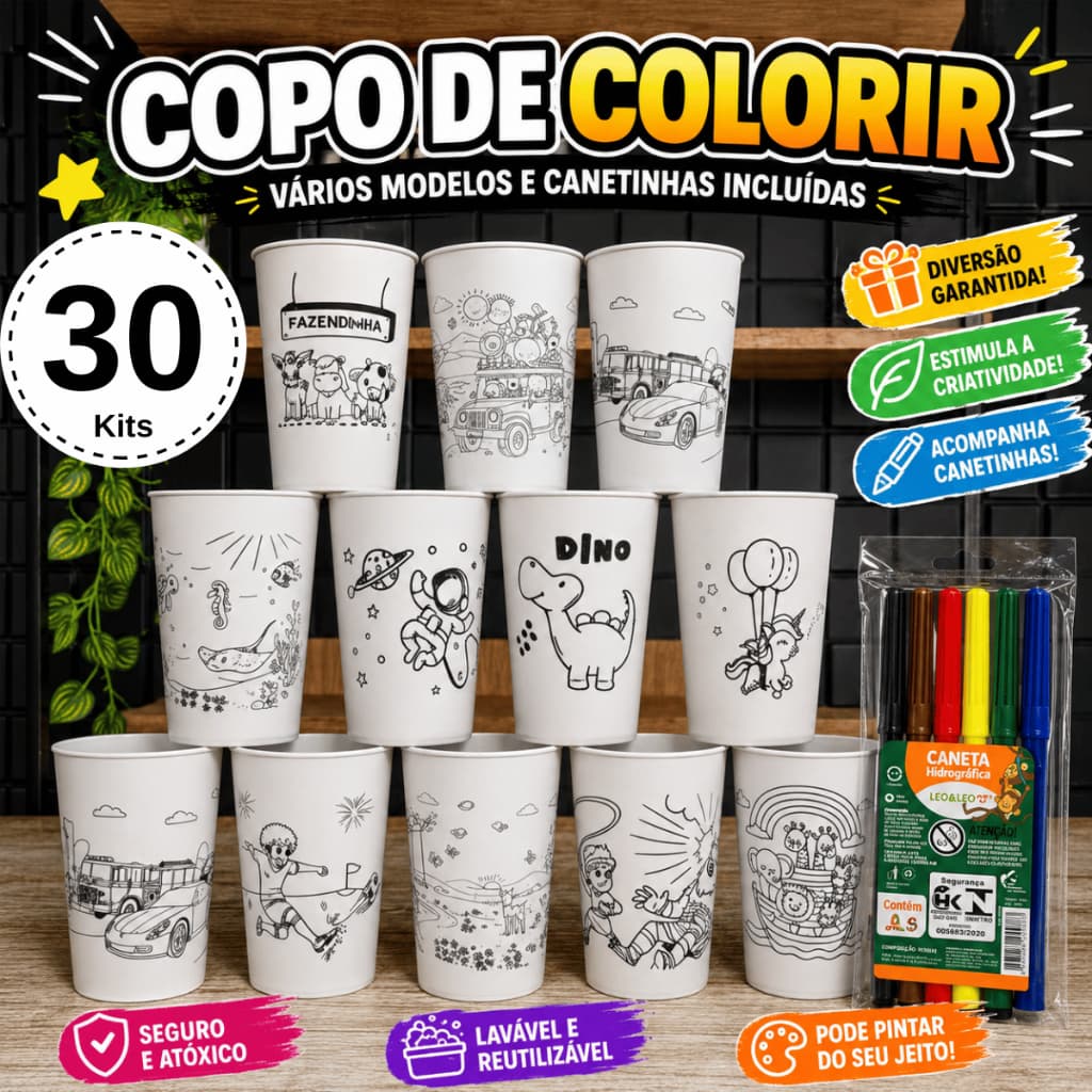 Lembrancinha de Aniversário Copo de Colorir + Canetinha 30 Kits Várias Estampas Copo Festas Crianças