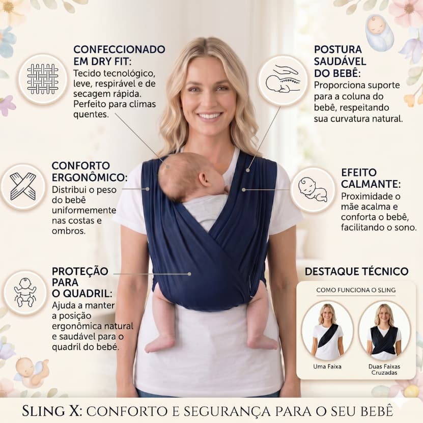 Sling XIS BABY sem amarração - fácil de vestir -  02 faixas  canguru dry fit