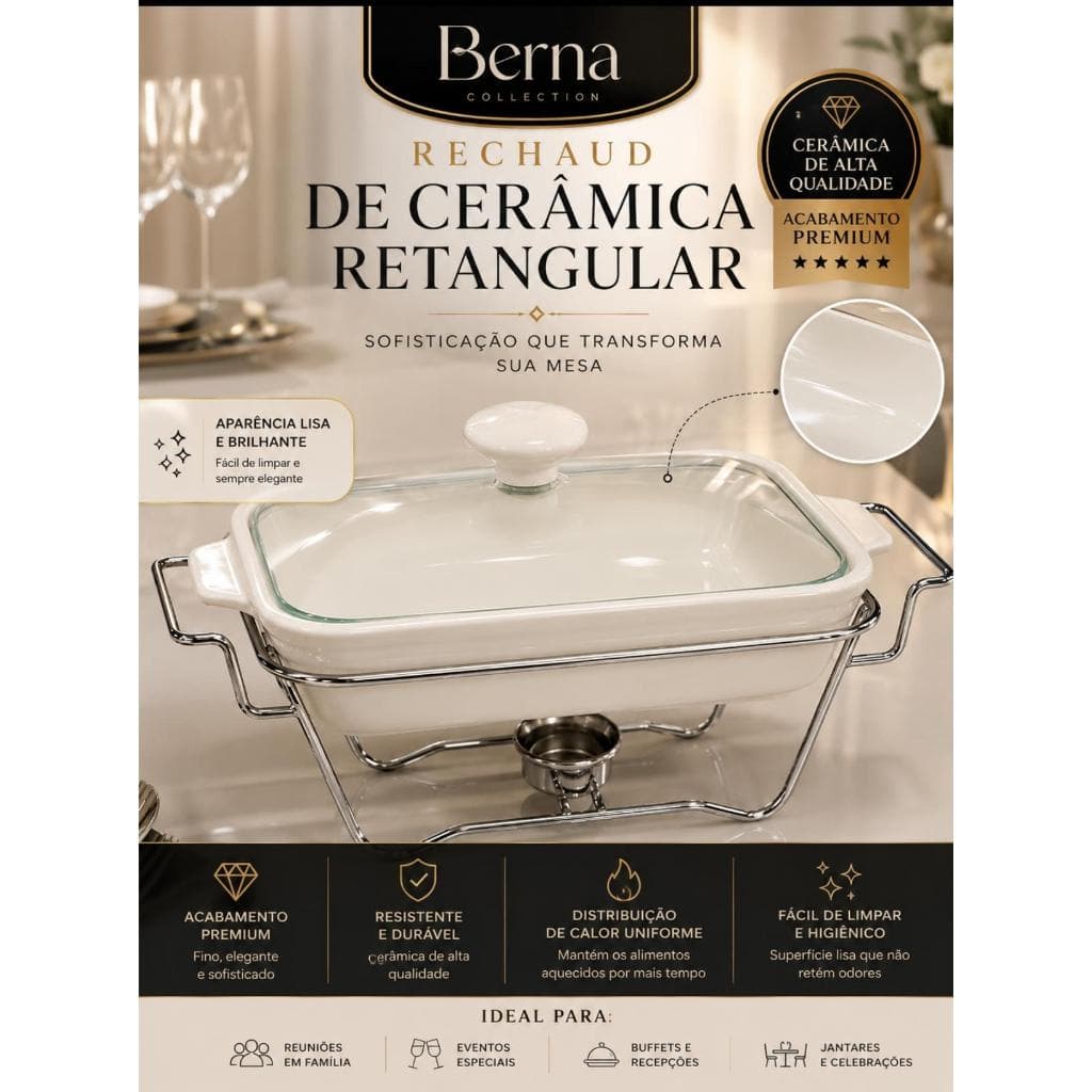 Rechaud retangular premiun em porcelana com queimador