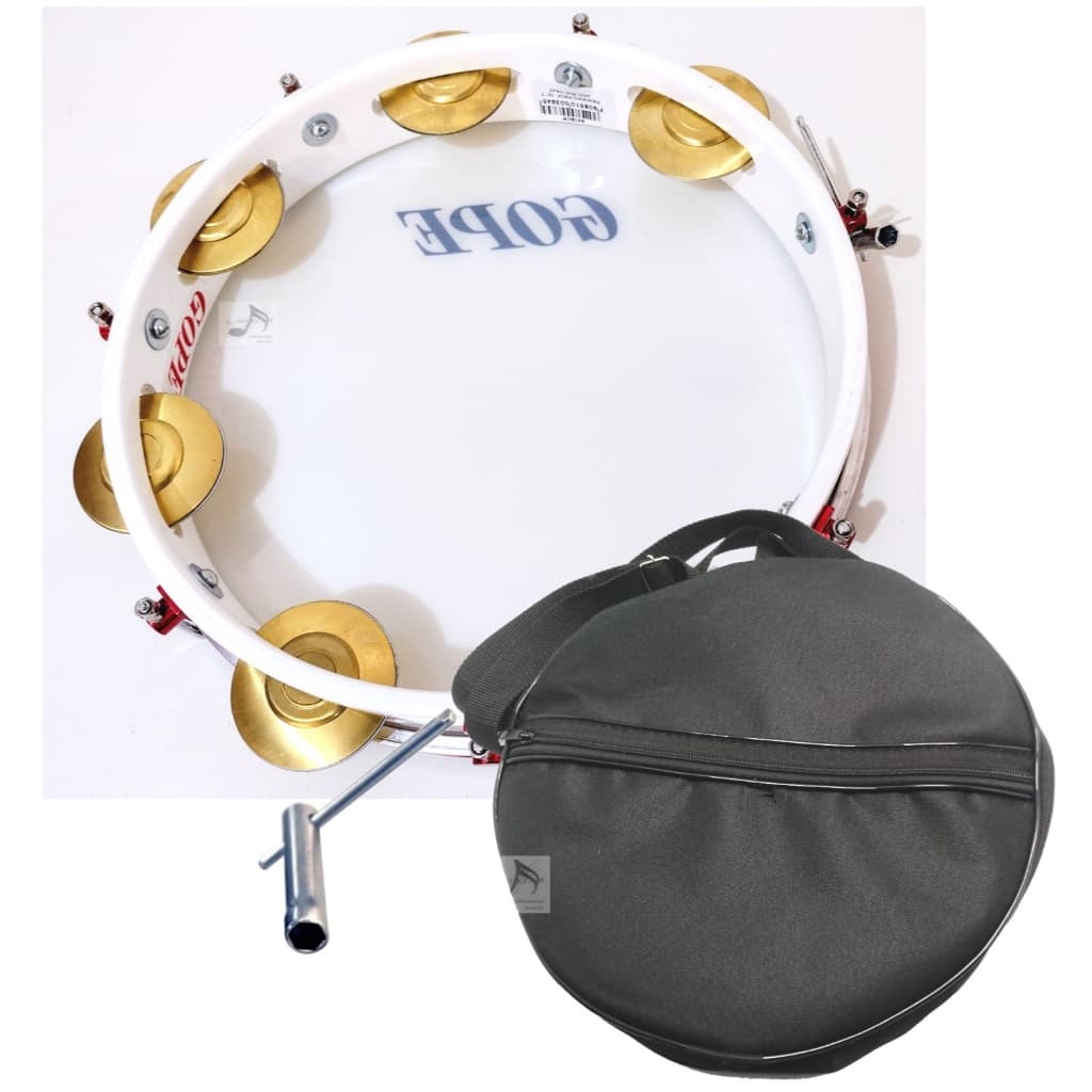 Pandeiro Pandeiro Gope 10" Branco com Cereja Pele Cristal Profissional + Case Simples + Chave de Afinação