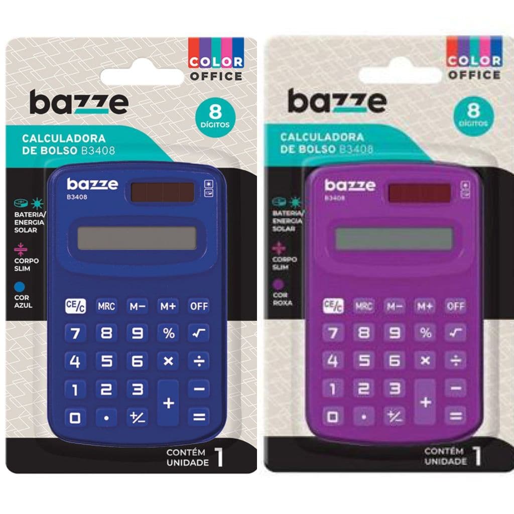 Calculadora de Bolso 8 Dígitos Bazze B3408 Energia Solar e Bateria Color Office