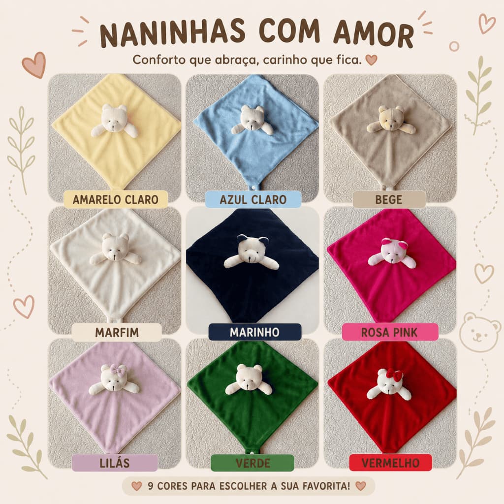 Naninha Bichinhos Bebe em Plush Prendedor Chupeta Urso Rosa Lilás Azul Marinho Verde Vermelho Bege