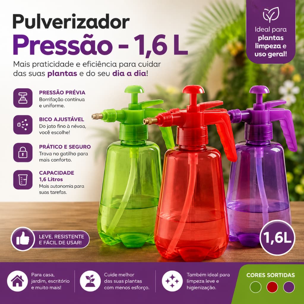 Pulverizador de Pressão 1,6 Litros SORTIDO | Pulverizador Manual para Jardinagem | Grande Capacidade e Alta Resistência