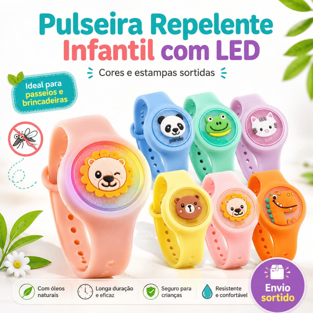 Kit 6 Pulseiras Repelente de Mosquito Infantil com LED | Cores Sortidas, Anti-Pernilongo Portátil
