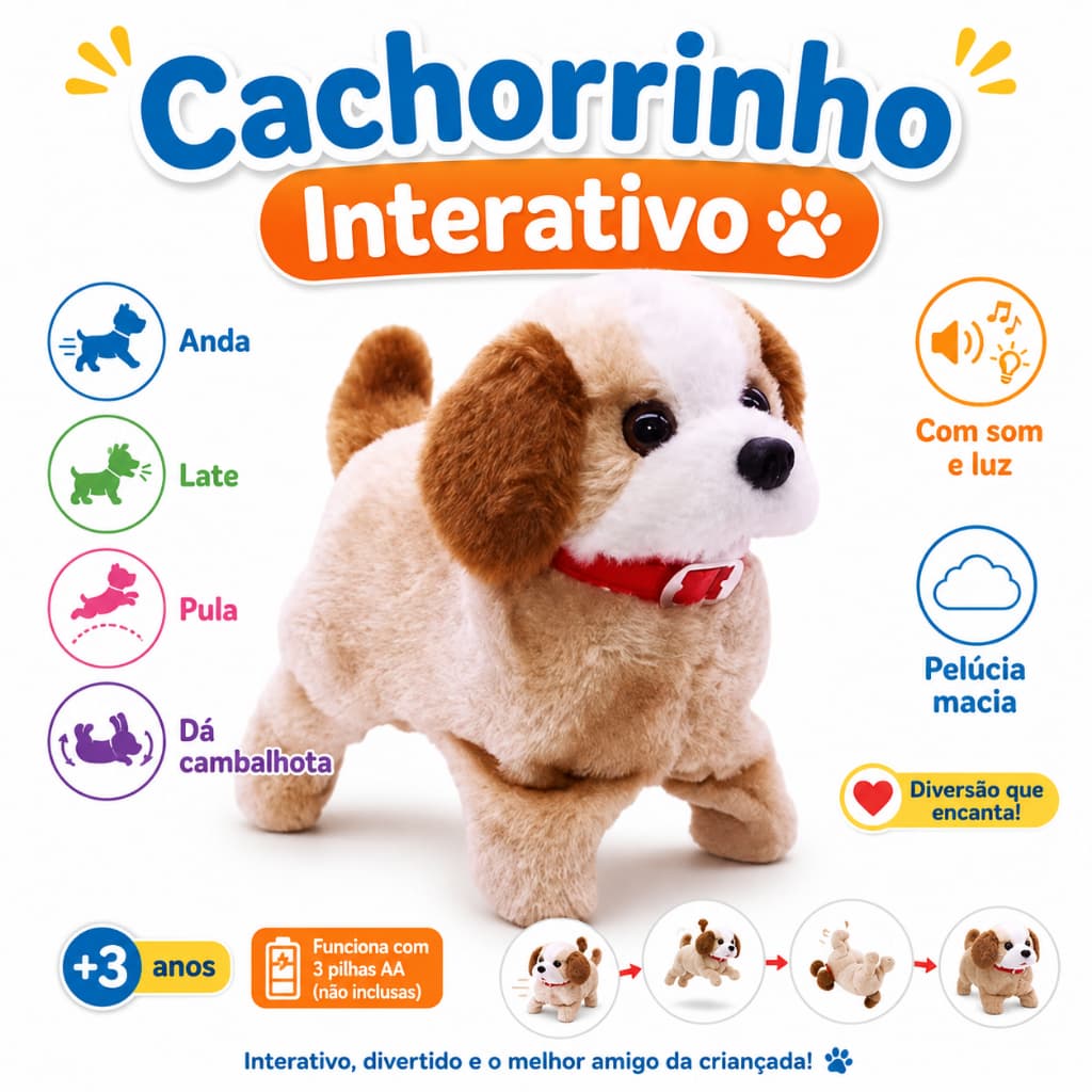 Cachorrinho Pelúcia Pula Anda Late Cambalhota Cachorro Pilha Cor Bege