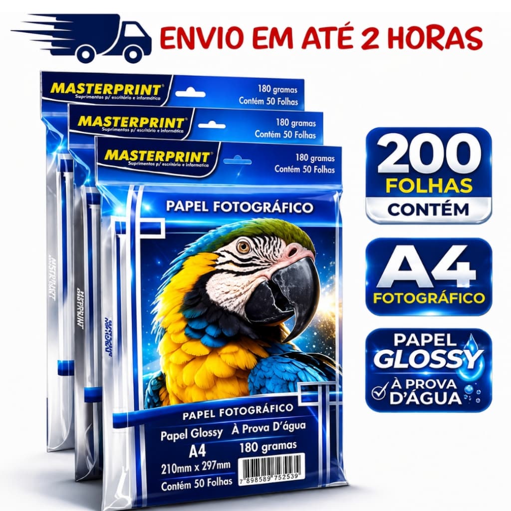 kit 200 folhas Papel Fotográfico 180g A4 Glossy Masterprint À Prova D’Água