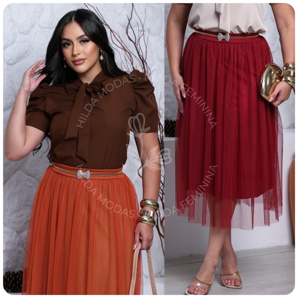 Saia Tule Midi Lisa Básica Elegante Forrada Lisa Moda evangélica Fardamento Festividade Congresso