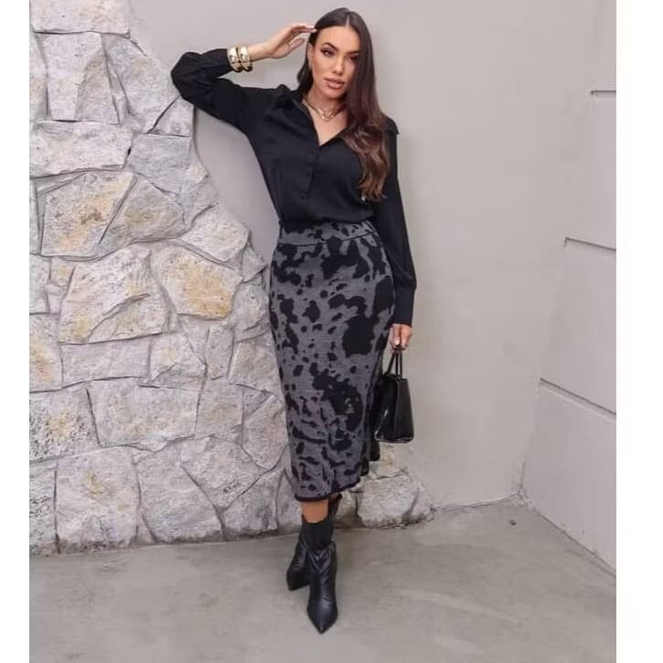 Saia Midi Cow Print Tricô Modal Tendência/ Saia Feminina Moda Feminina