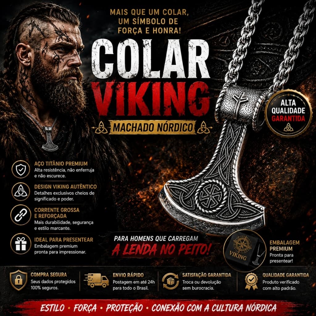 Colar Machado Viking Masculino/Feminino Corrente Aço Titânio Estilo Guerreiro Escandinavo