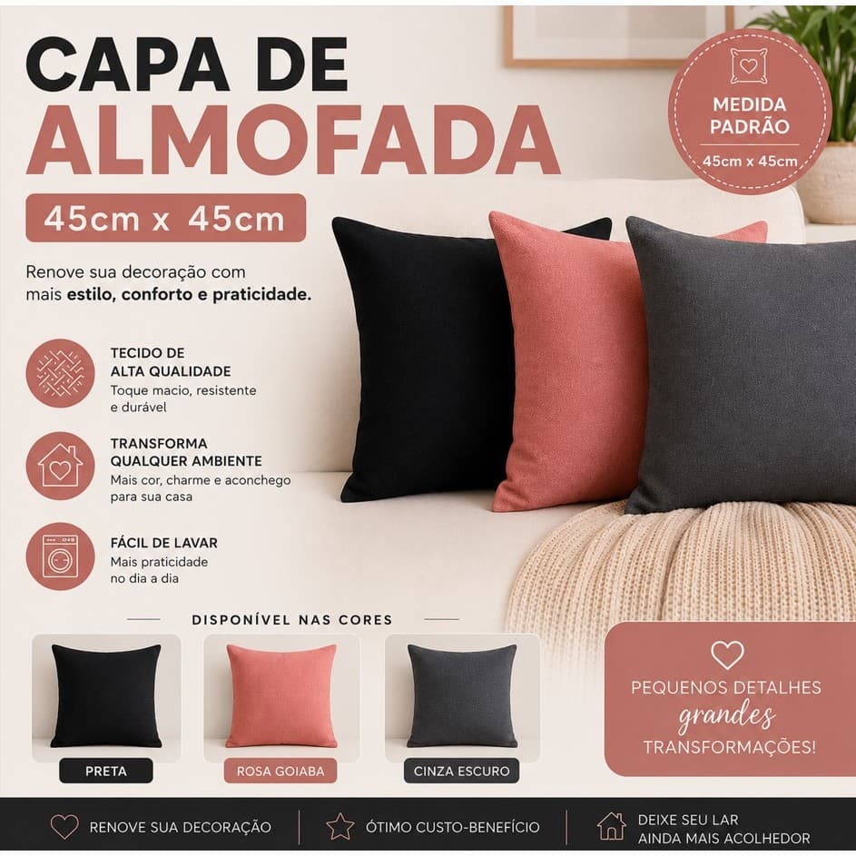 Capa de Almofada 45x45cm Resistente Lisa - Envio Ultra Rapido