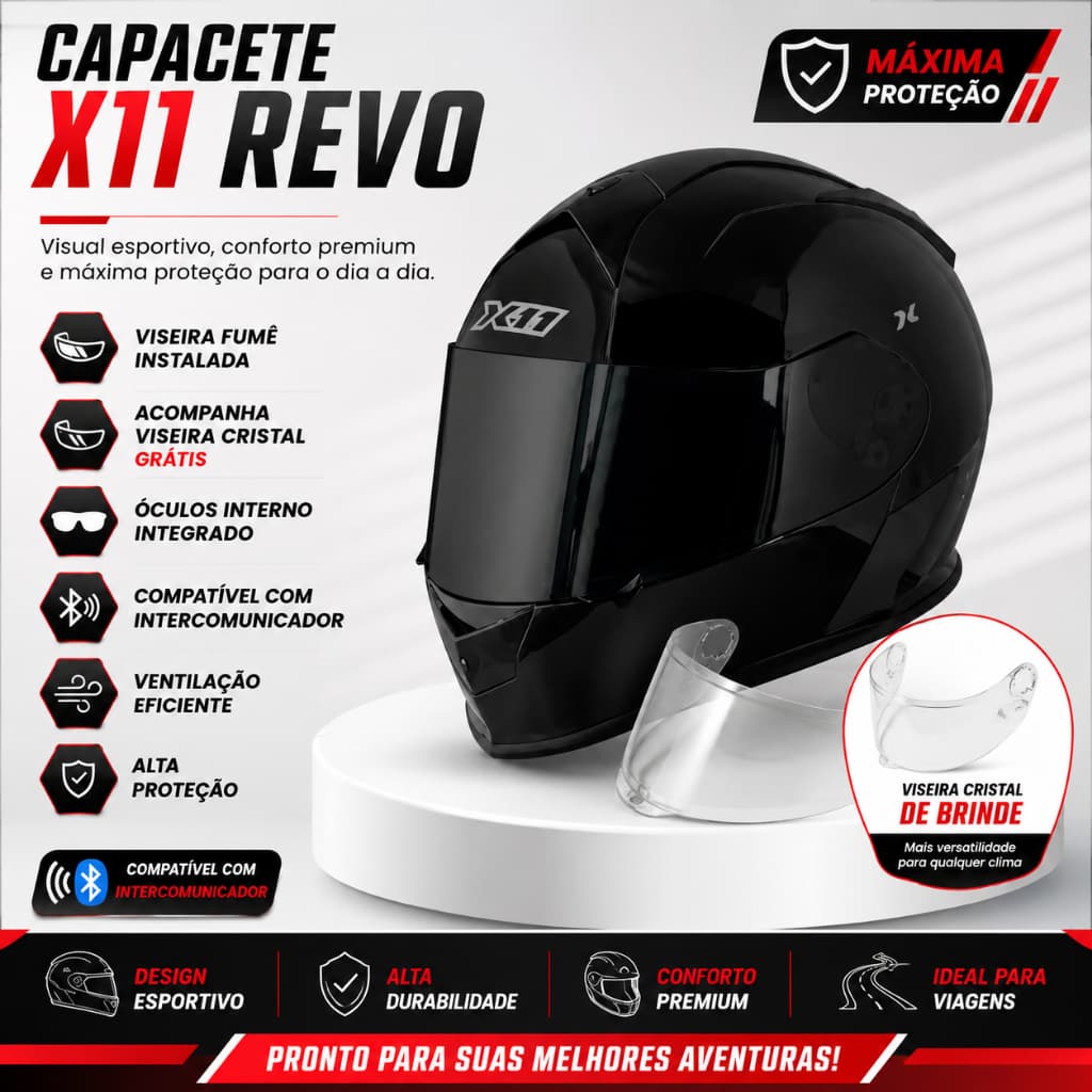 CAPACETE MOTO X11 REVO PRO ALL BLACK PRETO FOSCO ORIGINAL INMETRO MOTOCICLISTA MASCULINO + CHAVEIRO
