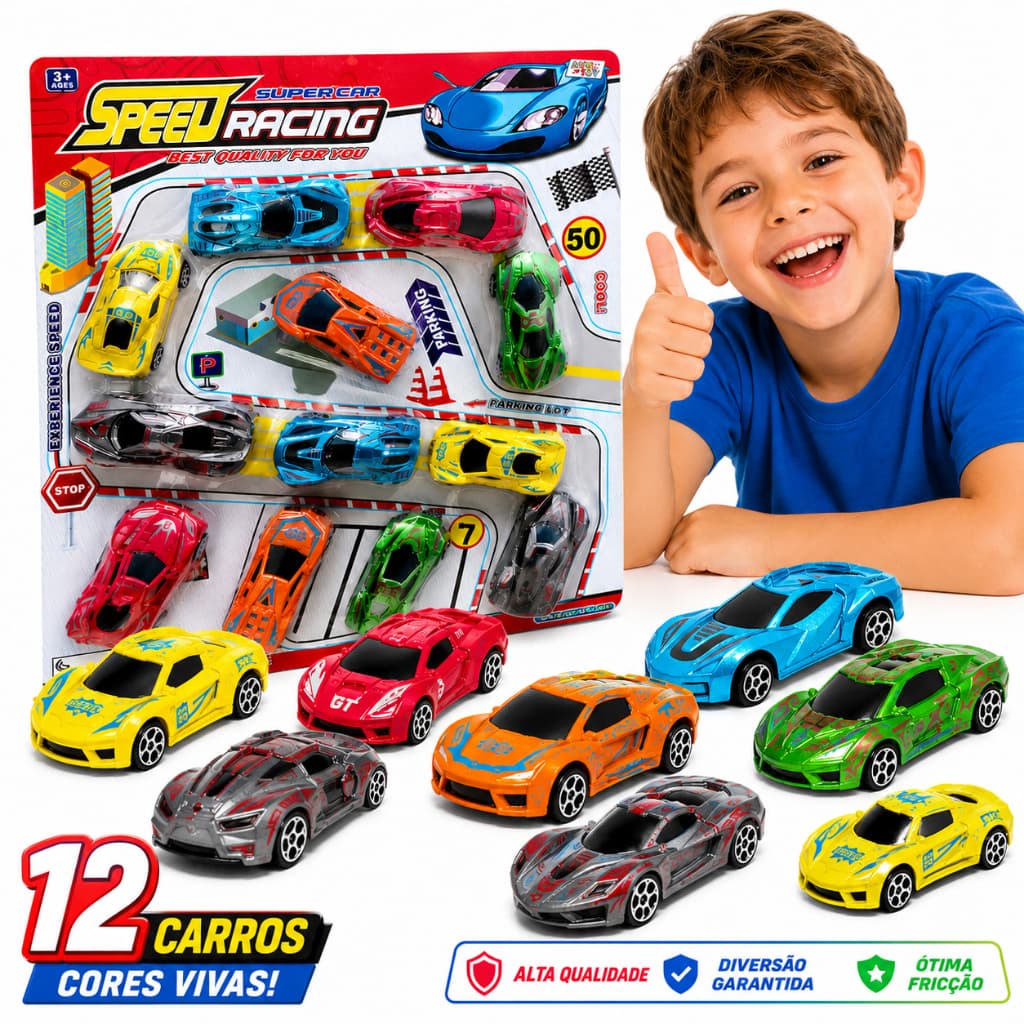Kit 12 Carrinhos Miniatura Racing Car Infantil Brinquedo Carro Esportivo Colorido Menino Coleção 3+