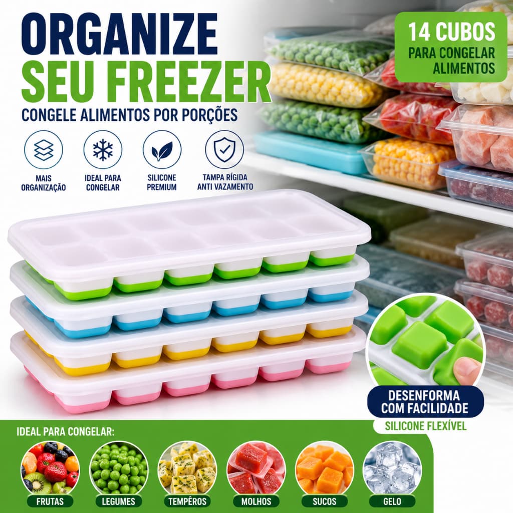 Kit 4 Forma Silicone Com Tampa Para Organizar Freezer Congelar Frutas E Alimentos