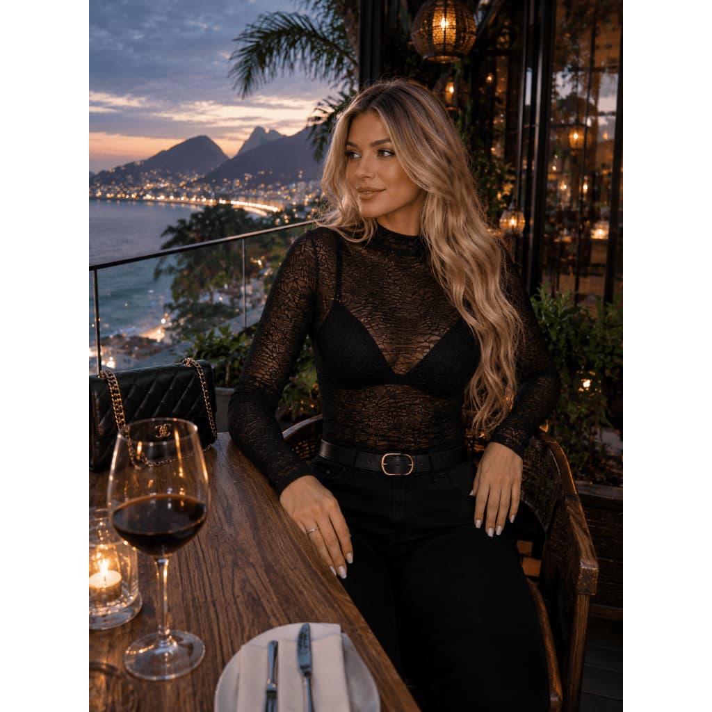Segunda Pele Feminina Tule Manga Longa Transparente Moda Fashion