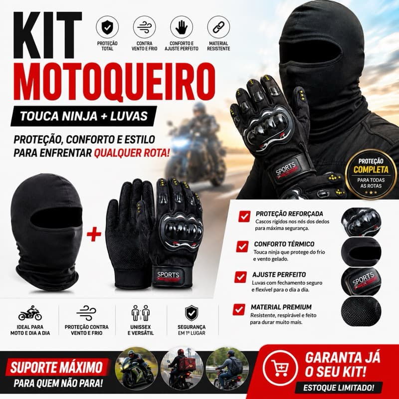 Kit Luva Motoqueiro com Proteção + Touca Ninja Balaclava UV | Segurança e Estilo para Motoboy