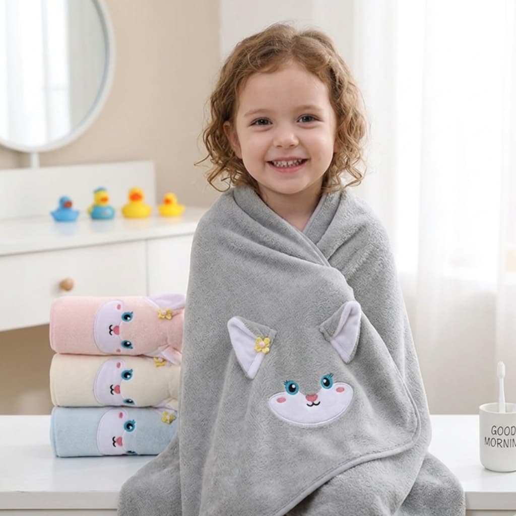 Toalha De Banho VEQE Infantil Bordado Gatinho Fofa Macia Absorvente Microfibras Premium
