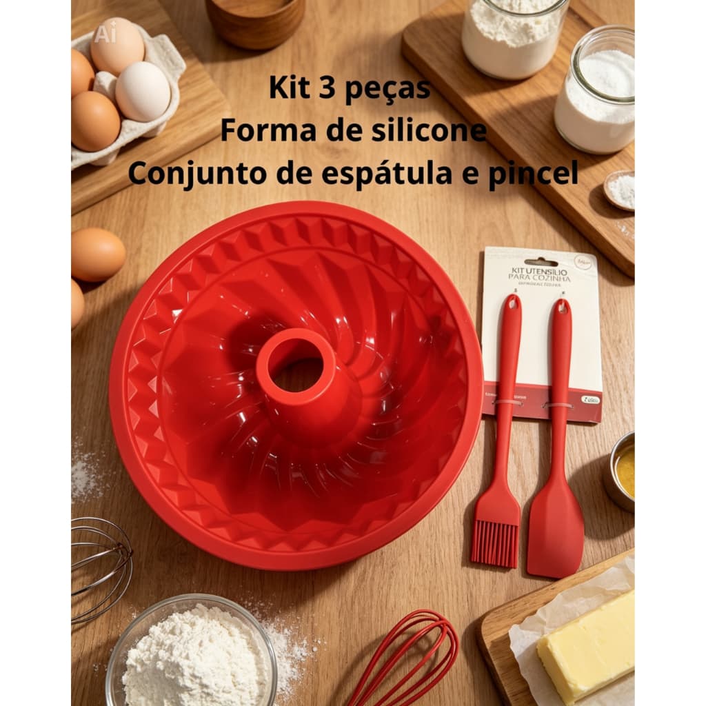 Kit Confeitaria  3 peças-Forma de Silicone Decorada + Espátula + Pincel Culinário
