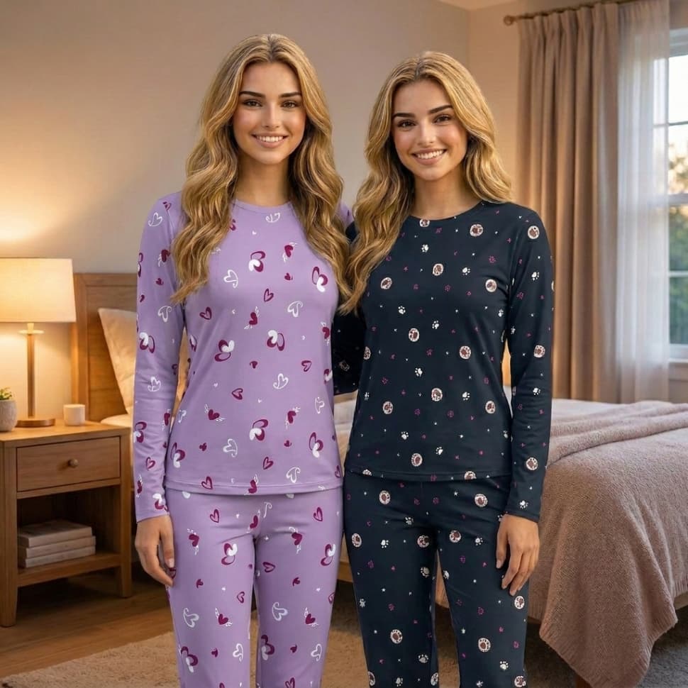 Kit 2 Pijamas Inverno Feminino Estampado Calça Comprida Suede