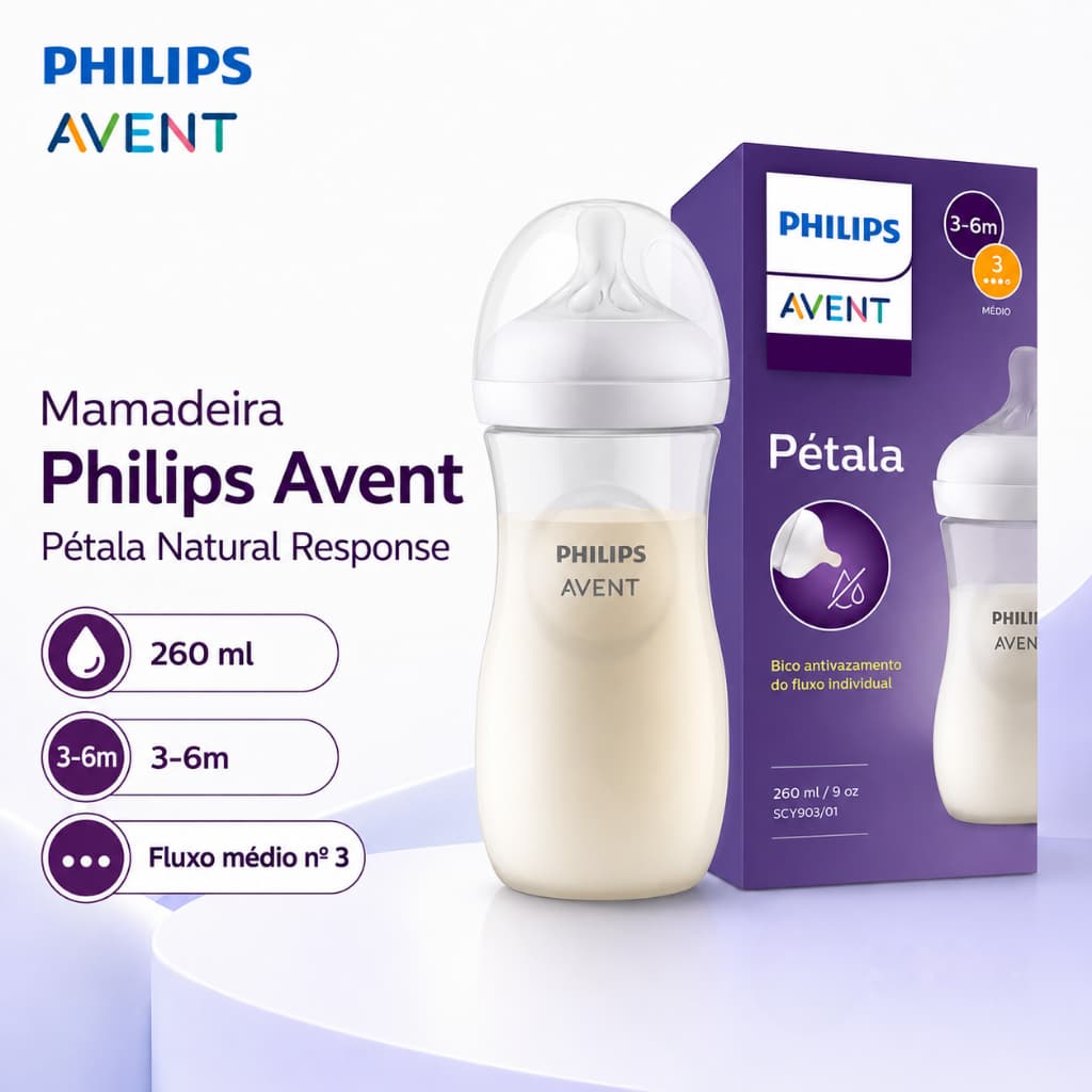Mamadeira Philips Avent Pétala 260ml Natural Response Bico N3 Fluxo Médio Transparente