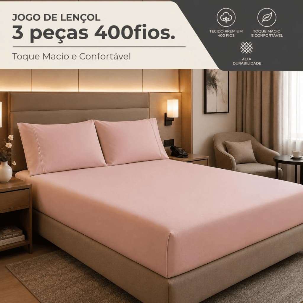 Lençol Ponto Palito 400 Fios Casal 03 Peças Queen King Solteiro 2pçs - Macio Anti Bolinha Envio Full