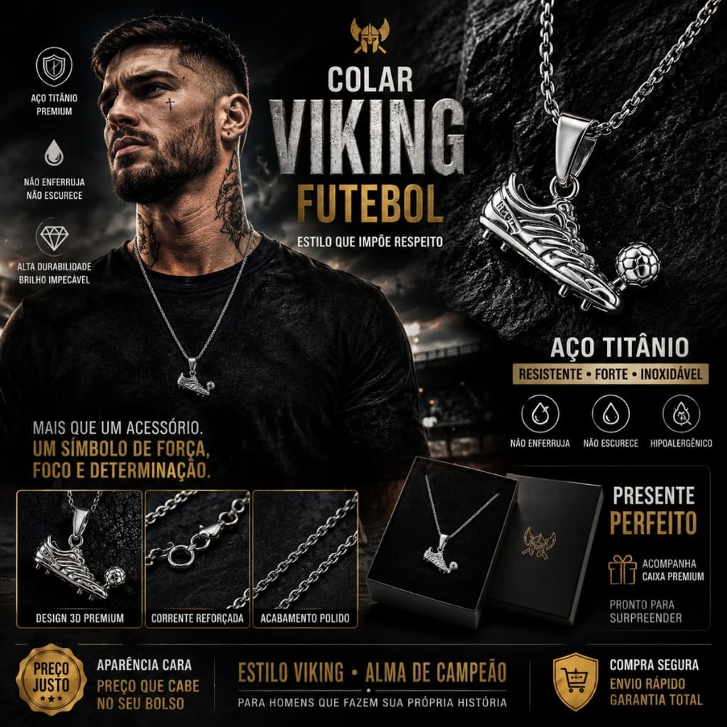 Colar Viking Masculino Aço Titânio Pingente Chuteira Futebol Premium Não Enferruja