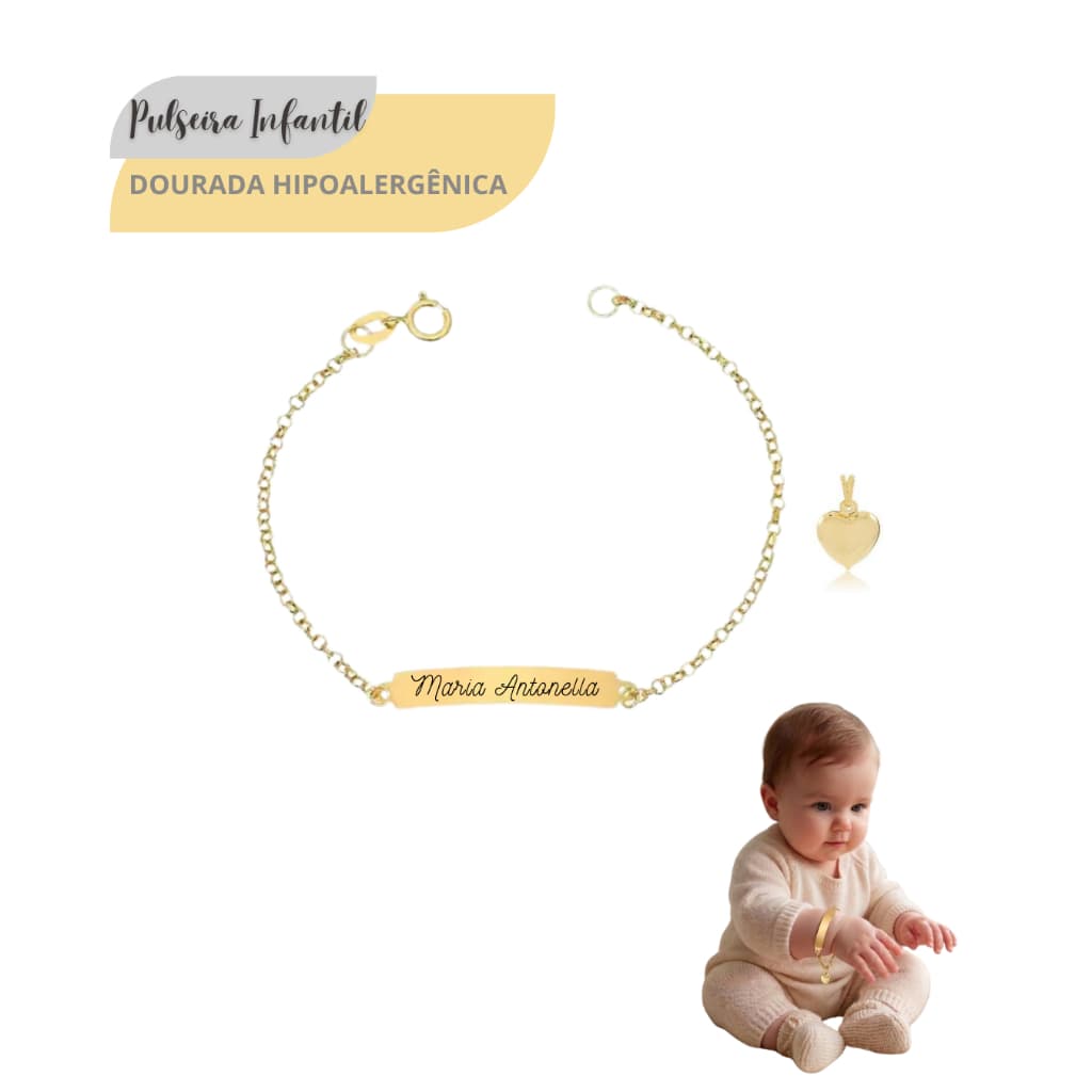 Pulseira Dourada com Pingente de Coração Infantil Bebê Com Nome Gravado Hipoalergênica