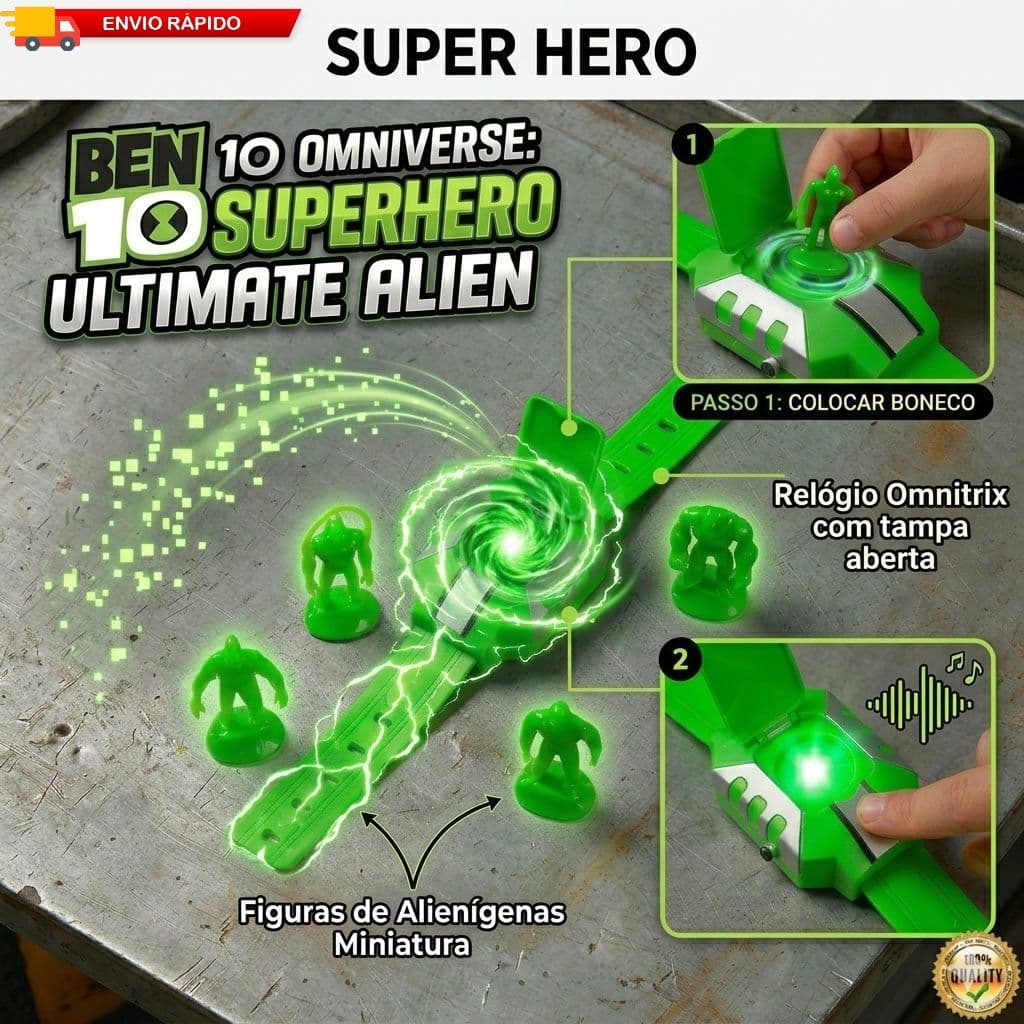Relógio Omnitrix bem 10 Omniverse que  Acende Luz Verde Com 4 Bonecos Alienígenas