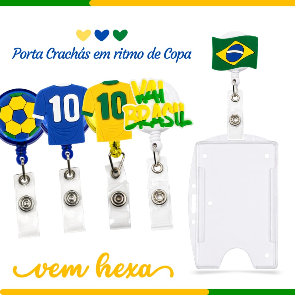 Kit Porta Crachá Brasil Copa do Mundo c/ Roller Reatrátil e Porta Crachá Brasil Hexa Empresa Escola
