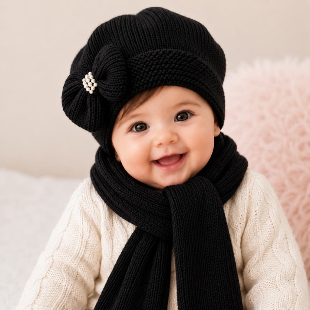 Kit Touca e Cachecol Infantil Bebê 3 a 18 Meses Tricô Inverno Luxo Menina Quentinho Com Laço