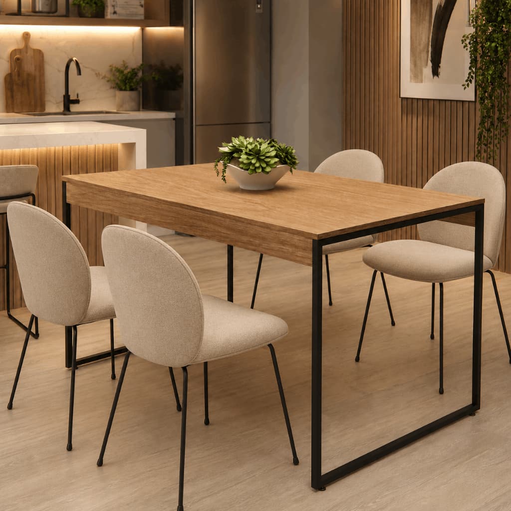 Mesa de Jantar Estilo Industrial 4 Lugares Compacta Cozinha Sala de Estar Apartamento Moderna Pés Aço