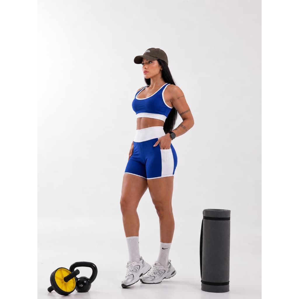 Conjunto Academia Azul e Branco Feminino Short e Top Fitness Cintura Alta Suplex Premium