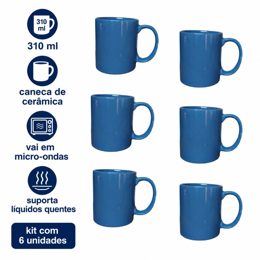 Kit com 6 Canecas de Cerâmica 310 ml azul, rosa, amarelo e laranja.