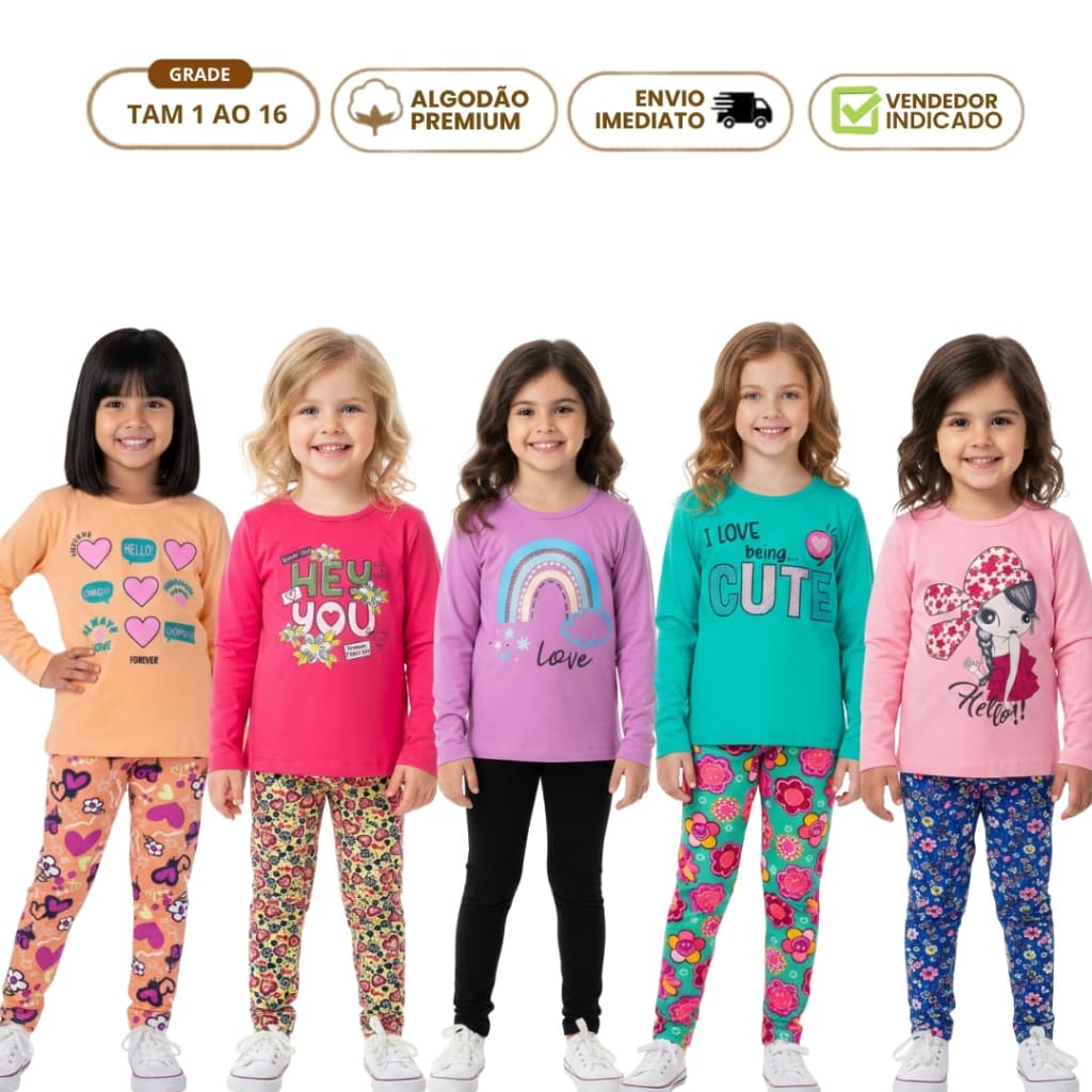 Kit 6 Peças Roupa Infantil Menina 3 Calça Legging 3 Camiseta Manga Longa Meia Estação Inverno 1 a 16