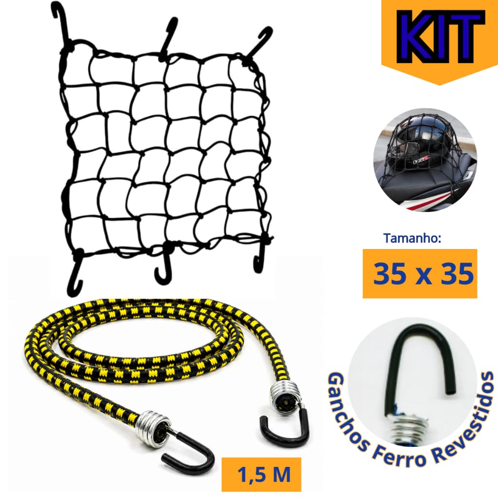 Kit Rede Moto 35x35 Aranha + Elástico 1,5m Ultra Grosso 10mm Ganchos Ferro Revestido Bagageiro Carga