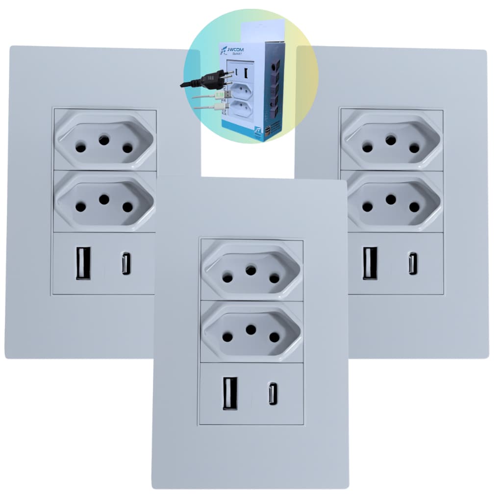 Tomada Dupla 10A com USB-A e USB-C Embutido Carregador Parede Bivolt 4x2 Branca com 1, 2 ou 3