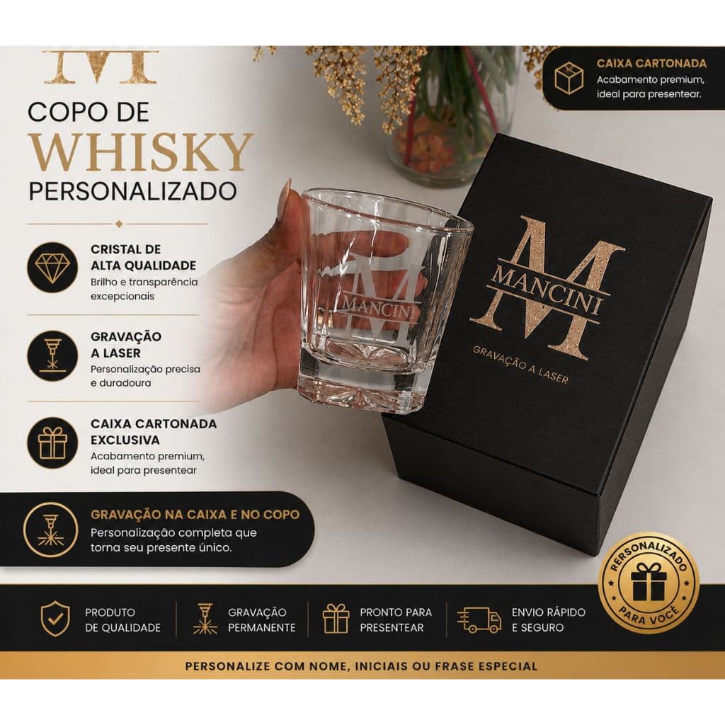 Copo de Whisky Personalizado Kit com 1 ou 2 copos com Gravação a Laser + Caixa Premium Cartonada | Presente Elegante