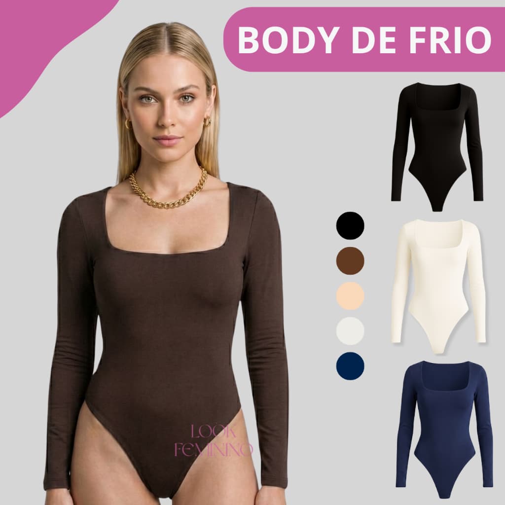 Body Casual Feminino Decote Quadrado Manga Longa Basico Suplex Premium Forro Duplo Collant Elegante de Inverno