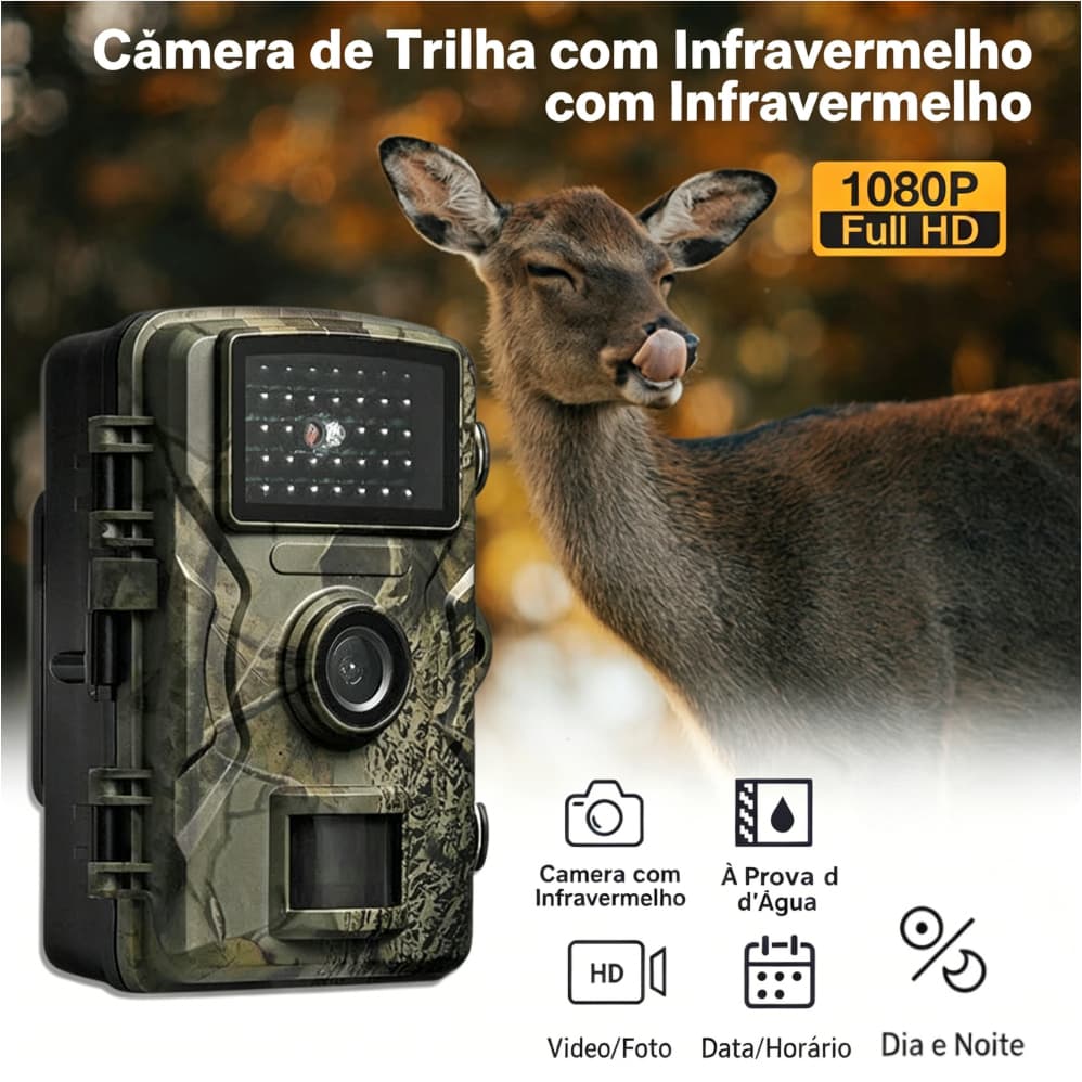 Câmera de Caça 16MP Full HD 1080P, Visão Noturna, Câmera de Trilha para Animais e Vigilância