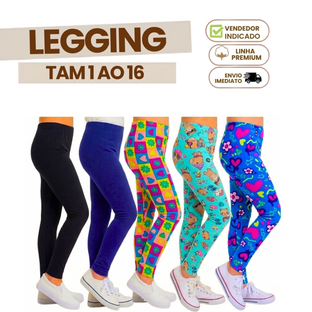 Kit 5 Calça Legging Infantil Menina Juvenil Algodão Cotton Escolar Bloguerinha 1 ao 16 anos Oferta