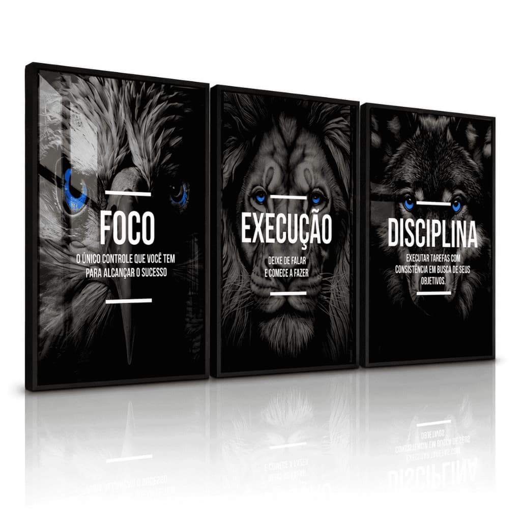 Quadros Decorativos Escritórios 3 Peças Motivacional Lobo Foco Execução e Disciplina
