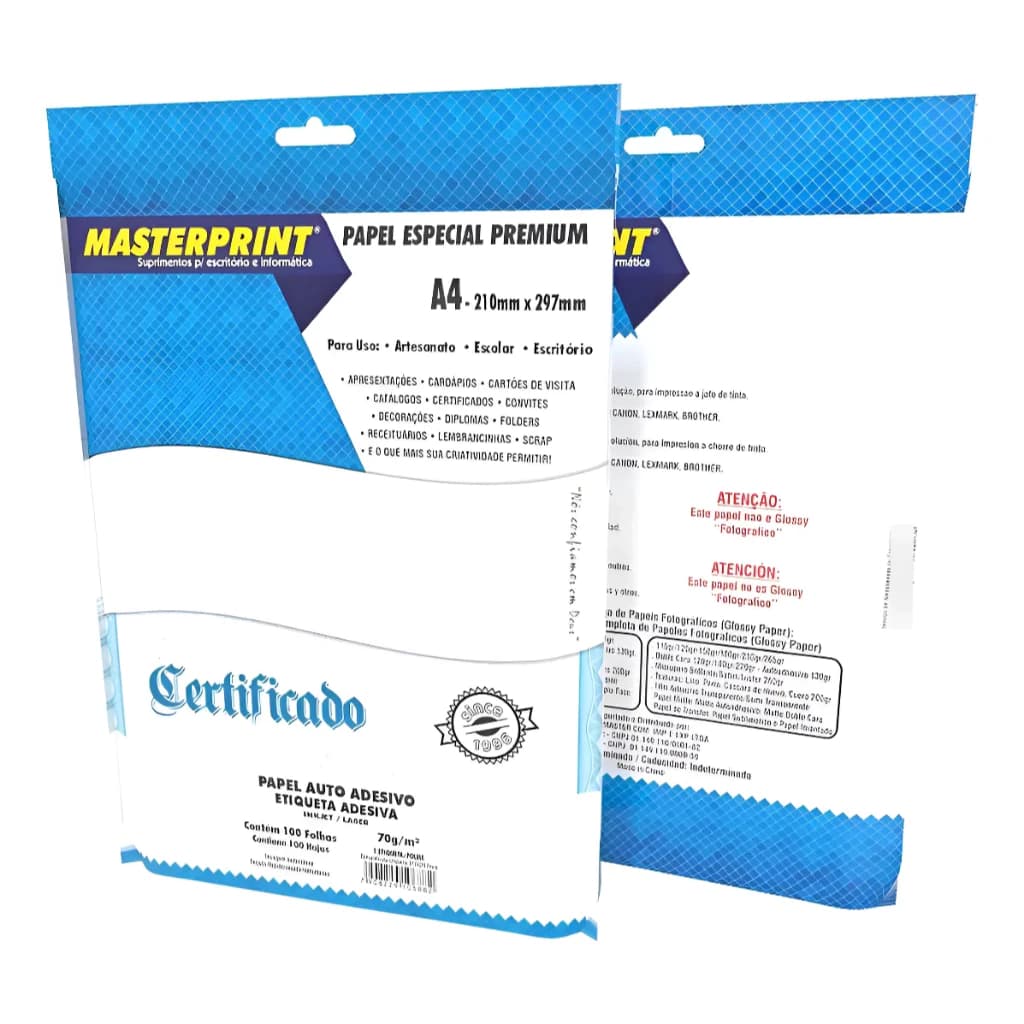 Papel Auto Adesivo 70g Etiqueta Adesiva A4 100 folhas Secagem Rápida Masterprint