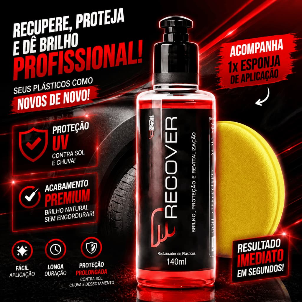 Revitalizador De Plásticos Automotivo Interno Externo Proteção UV Carro Com Esponja 140ml Recover House Of Motors