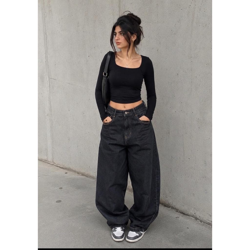 Calca jeans femenino MODELO BALLOON COR GRAFITI ESCURA