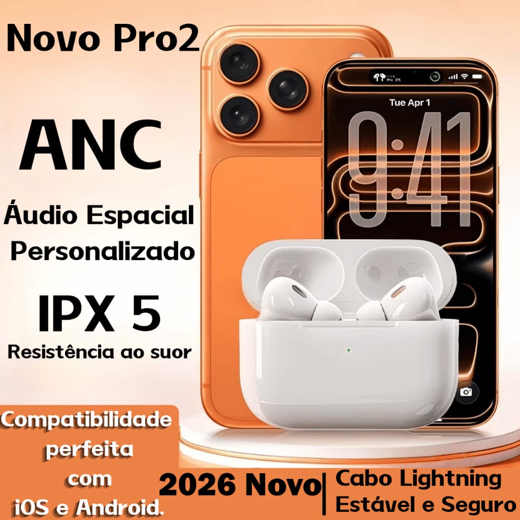 Fone Bluetooth 5.4 ANC Áudio Espacial 24h 1:1 Pro 2 Compatível iOS Android  Fone TWS Sem Fio