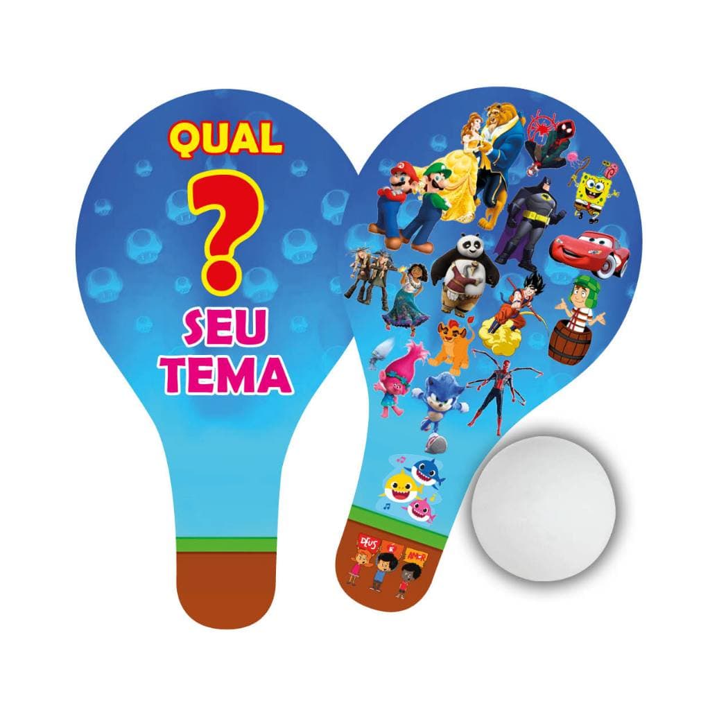 Kit 28 Pares Raquetes Personalizadas Temáticas com Bolinha, Saquinho e Etiquetas - Lembrancinha, Festa, Brinquedo, Jogos